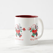 クリスマスベルズブーケメリークリスマスタイポグラフィ ツートーンマグカップ (正面右)