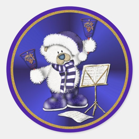 クリスマスベルズベアーブルーと金ゴールドシール ラウンドシール (正面)