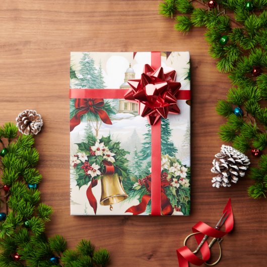クリスマスベルズリボンポインセチア花 ラッピングペーパー (クリスマスギフト)