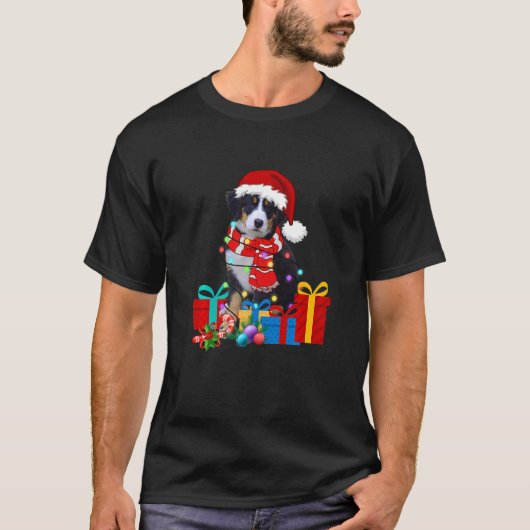 クリスマスベルネーズマウンテンドッグクリスマスライトサンタH Tシャツ (正面)
