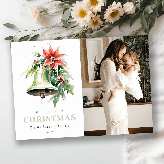クリスマスベルパインポインセチア水彩写真 シーズンカード