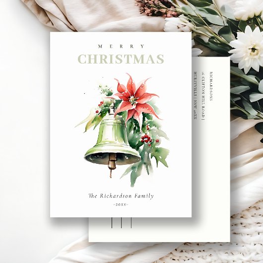 クリスマスベルパインポインセチア茎葉水彩 シーズンポストカード
