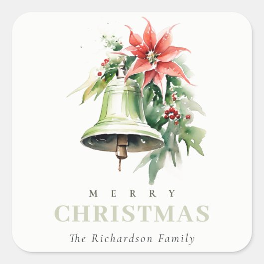 クリスマスベルパインポインセチア茎葉水彩 スクエアシール (正面)