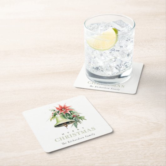 クリスマスベルパインポインセチア茎葉水彩 スクエアペーパーコースター (インサイチュ)