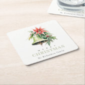 クリスマスベルパインポインセチア茎葉水彩 スクエアペーパーコースター (アングル)