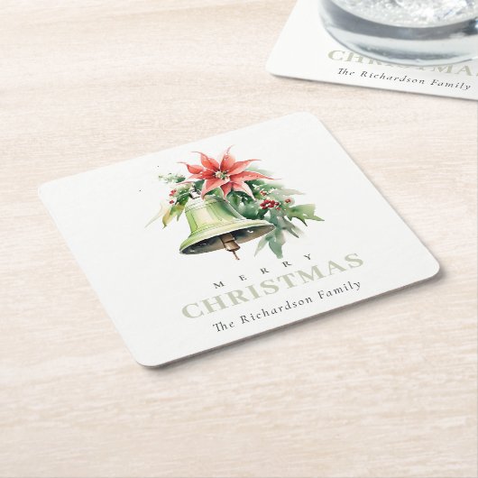 クリスマスベルパインポインセチア茎葉水彩 スクエアペーパーコースター (アングル)