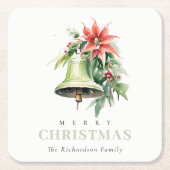 クリスマスベルパインポインセチア茎葉水彩 スクエアペーパーコースター (正面)