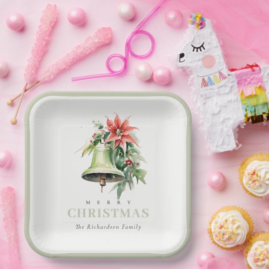 クリスマスベルパインポインセチア茎葉水彩 ペーパープレート (パーティー)