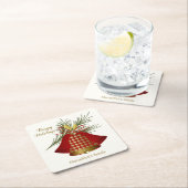 クリスマスベル。タータンチェック柄，松 スクエアペーパーコースター (インサイチュ)