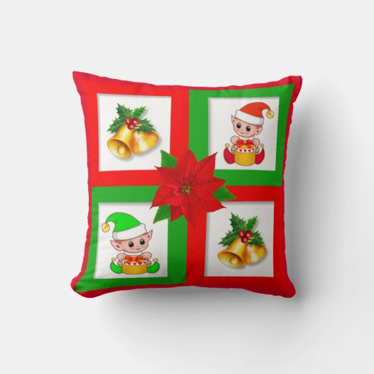 クリスマスベル、ポインセチア、緑と赤の小妖精や小人 クッション (正面)