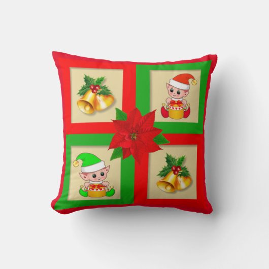 クリスマスベル、ポインセチア、緑と赤の小妖精や小人 クッション (正面)