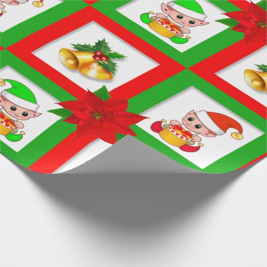 クリスマスベル、ポインセチア、緑と赤の小妖精や小人 ラッピングペーパー (角)