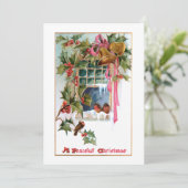 クリスマスベル、リボン、ホリー、鳥の窓 シーズンカード (スタンド正面)