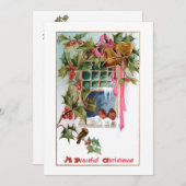 クリスマスベル、リボン、ホリー、鳥の窓 シーズンカード (正面/裏面)