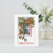 クリスマスベル、リボン、ホリー、鳥の窓 ポストカード (スタンド正面)