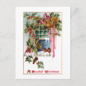 クリスマスベル、リボン、ホリー、鳥の窓 ポストカード (正面)