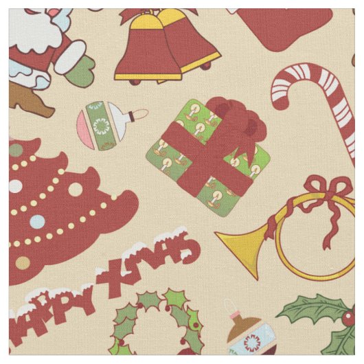 クリスマスベル、木とサンタクロース ファブリック (クローズアップ)
