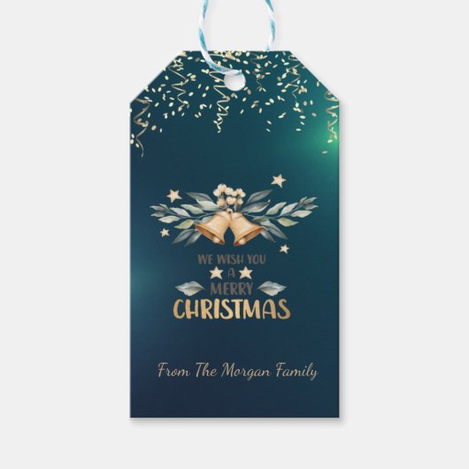 クリスマスベル、緑色のコンフェティ ギフトタグ (正面)