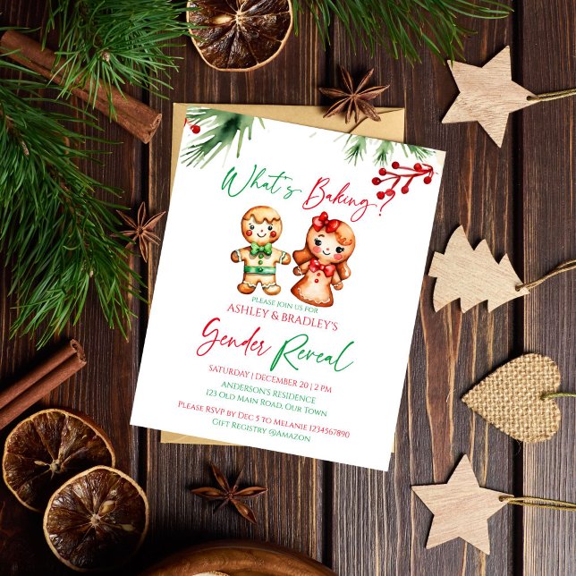 クリスマスベーキングの性別が招待を明らかにする (What's baking Christmas gender reveal budget invitation gingerbread cookies boy or girl winter party)