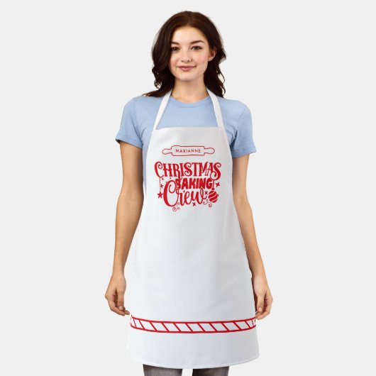 クリスマスベーキングクパーソナライズされたルーレッド&ホワイト エプロン (着用した状態)