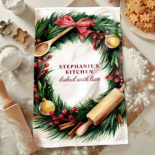 クリスマスベーキングリースパーソナライズされたホリデイ キッチンタオル