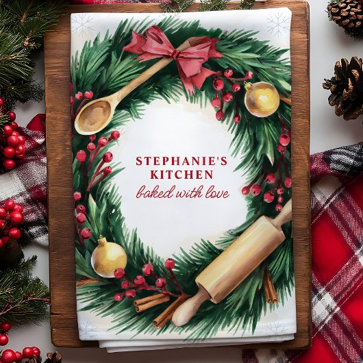 クリスマスベーキングリースパーソナライズされたホリデイ キッチンタオル