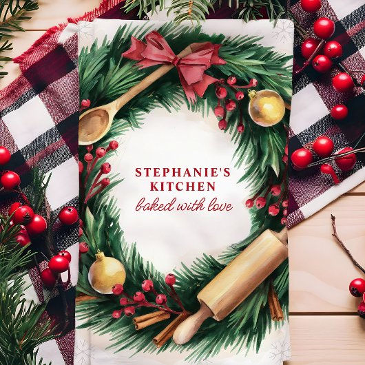 クリスマスベーキングリースパーソナライズされたホリデイ キッチンタオル
