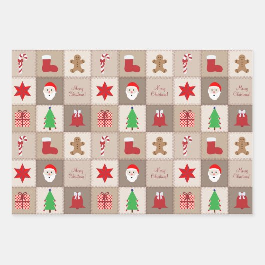 クリスマスベージュスクエアパターン紙シート ラッピングペーパーシート (正面)