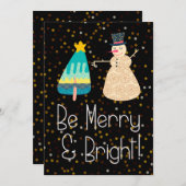 クリスマスベージュ陽気な雪だるまツリーホリデーカード シーズンカード (正面/裏面)