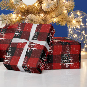 クリスマスベースボールとレッドソックスの木が格子状に ラッピングペーパー