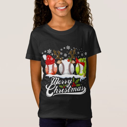 クリスマスベースボールサンタハット小妖精や小人トナカイおもしろい Tシャツ (正面)