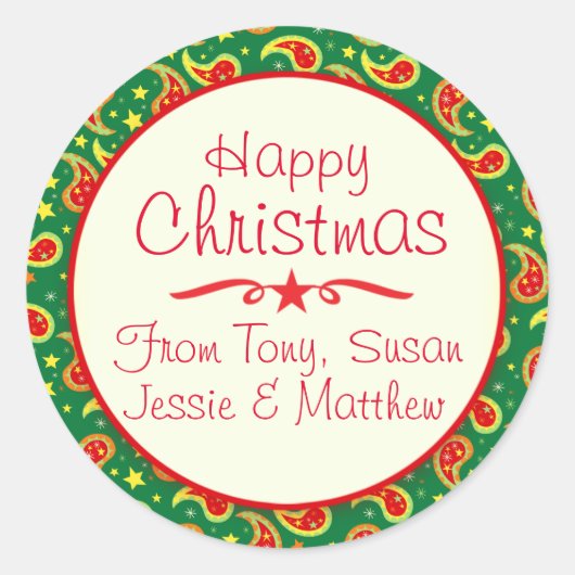 クリスマスペイズリーグリーンパターンギフトラベルシール ラウンドシール (正面)