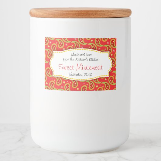クリスマスペイズリーパターン（の模様が）あるミンセミートラベル フードラベル (正面)
