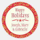 クリスマスペイズリー赤い名前の休日のギフトシール ラウンドシール (正面)
