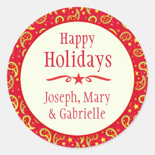 クリスマスペイズリー赤い名前の休日のギフトシール ラウンドシール (正面)