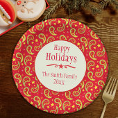 クリスマスペイズリー赤い名前の休日紙プレート ペーパープレート