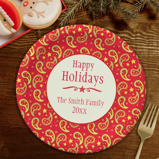 クリスマスペイズリー赤い名前の休日紙プレート ペーパープレート