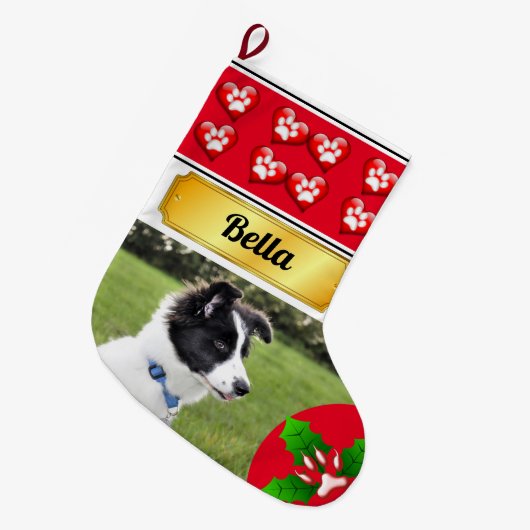クリスマスペッツポープリントとホリー ラージクリスマスストッキング (正面 (吊り時))