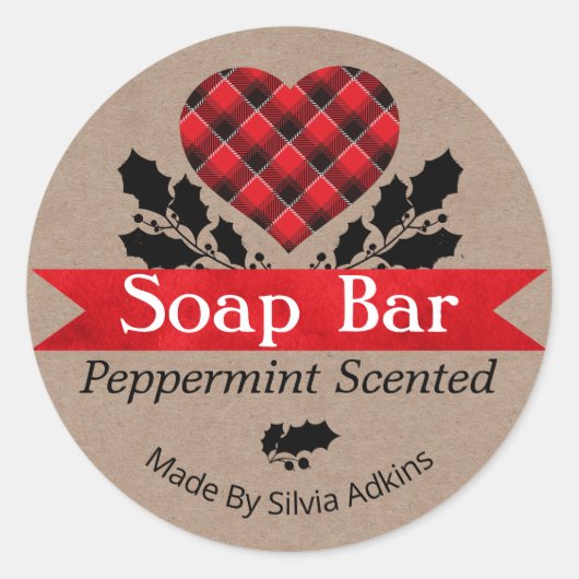 クリスマスペパーミントプレイドクラフト石鹸バーラベル ラウンドシール (正面)