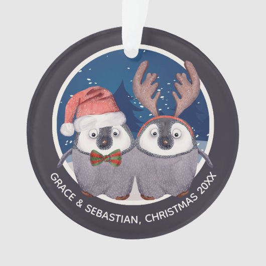 クリスマスペンギンかわいいサンタとトナカイ オーナメント (正面)