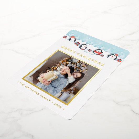 クリスマスペンギンが今の喜び |フォイルカード 箔招待状 (回転した状態)