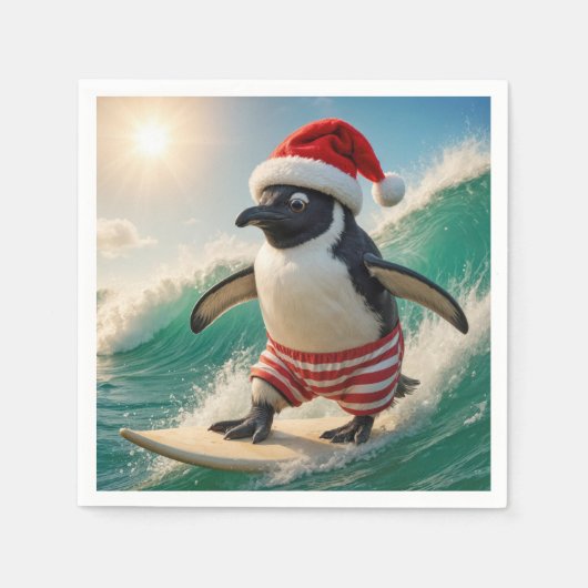 クリスマスペンギンが波に乗る スタンダードカクテルナプキン (正面)