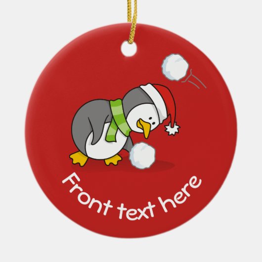 クリスマスペンギンが雪玉を手に入れる セラミックオーナメント (正面)