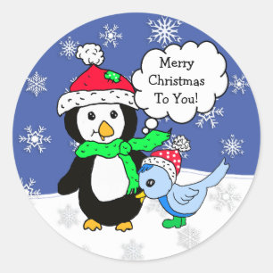 クリスマスペンギンとスノーブルーバード ラウンドシール