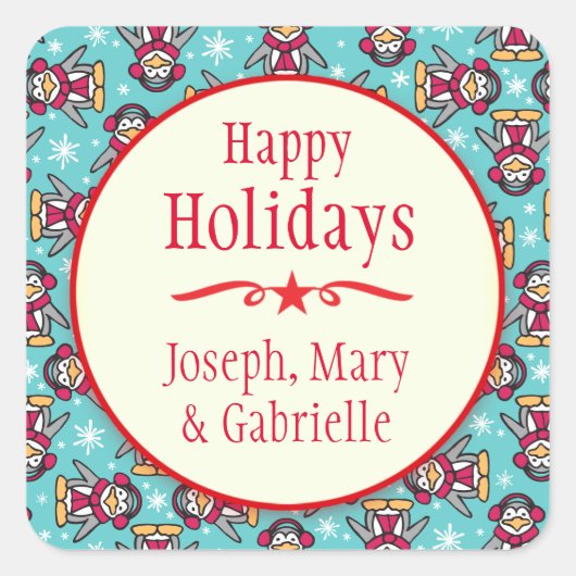 クリスマスペンギンの名前のホリデーギフトステッカー スクエアシール (正面)