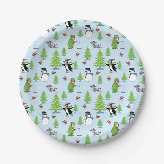 クリスマスペンギンの氷のスケートで滑るとクマ漁師 ペーパープレート (正面)