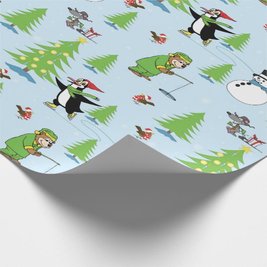 クリスマスペンギンの氷のスケートで滑るとクマ漁師 ラッピングペーパー (角)
