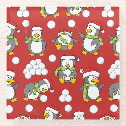 クリスマスペンギンの背景 ガラスコースター (正面)