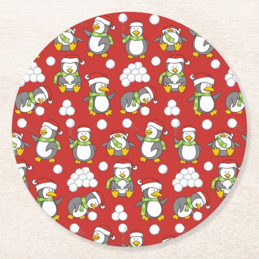 クリスマスペンギンの背景 ラウンドペーパーコースター (正面)