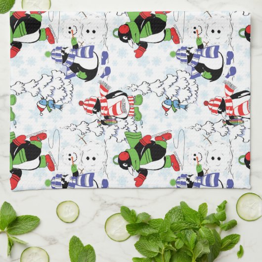 クリスマスペンギンアイススケートで滑る キッチンタオル (折り畳み)